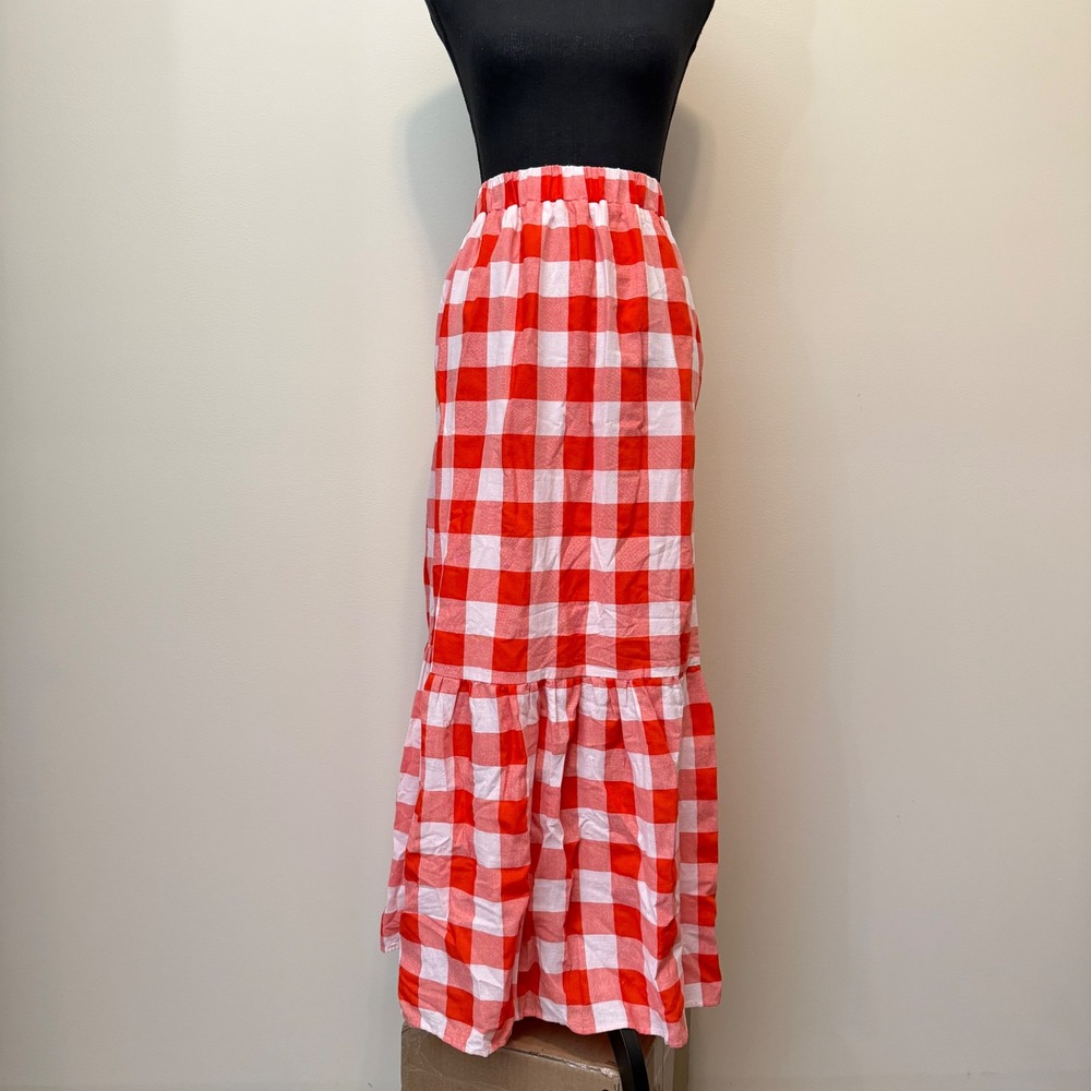 English Factory Red Gingham Check Tiered Maxi Skirt Women 3X Cottagecore Outdoor